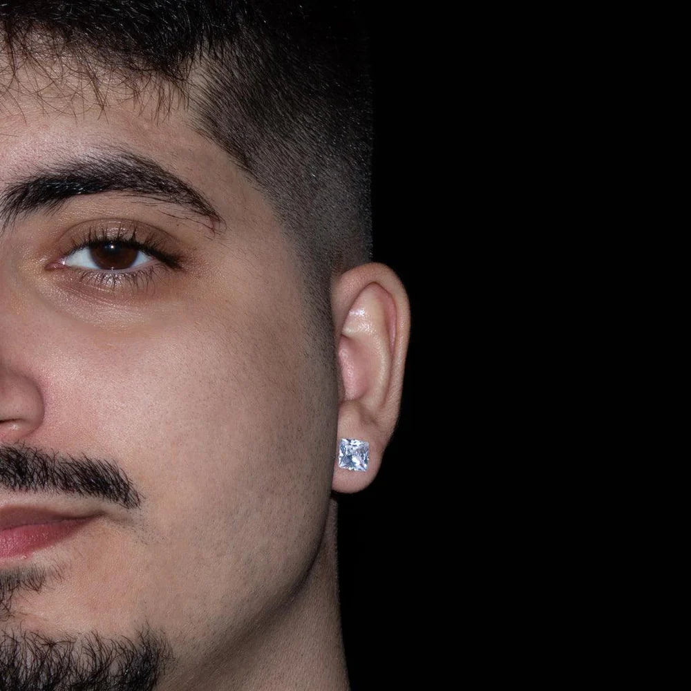 brinco masculino de prata - quadrado 8mm - prata 925