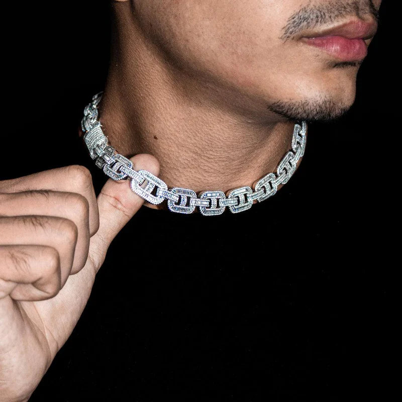 corrente de prata masculina - mariner baguete cravejada - prata 925