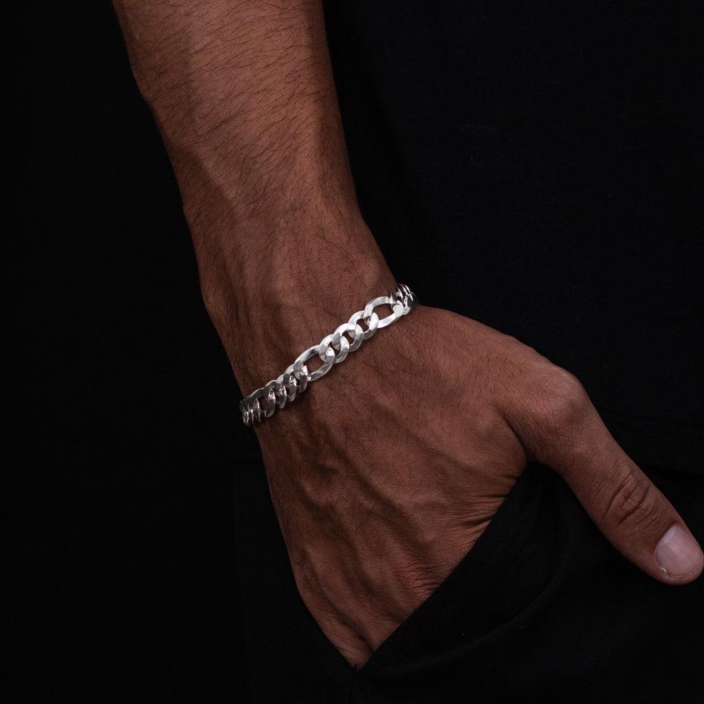 pulseira de prata masculina - figaro 3x1 10mm - prata 925