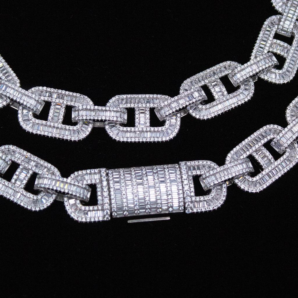 CORRENTE BAGUETE MARINER ICE CRAVEJADO (15mm) - 50cm - 170g - Prata 925 - Rei Pratas Jewelry