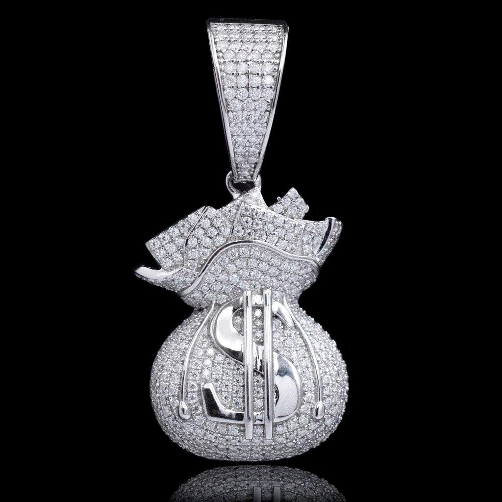 Pingente Money Bag $ - Moissanites VVS1 Cor D 4,6cm X 2,0cm - Prata 925 - Rei Pratas Jewelry