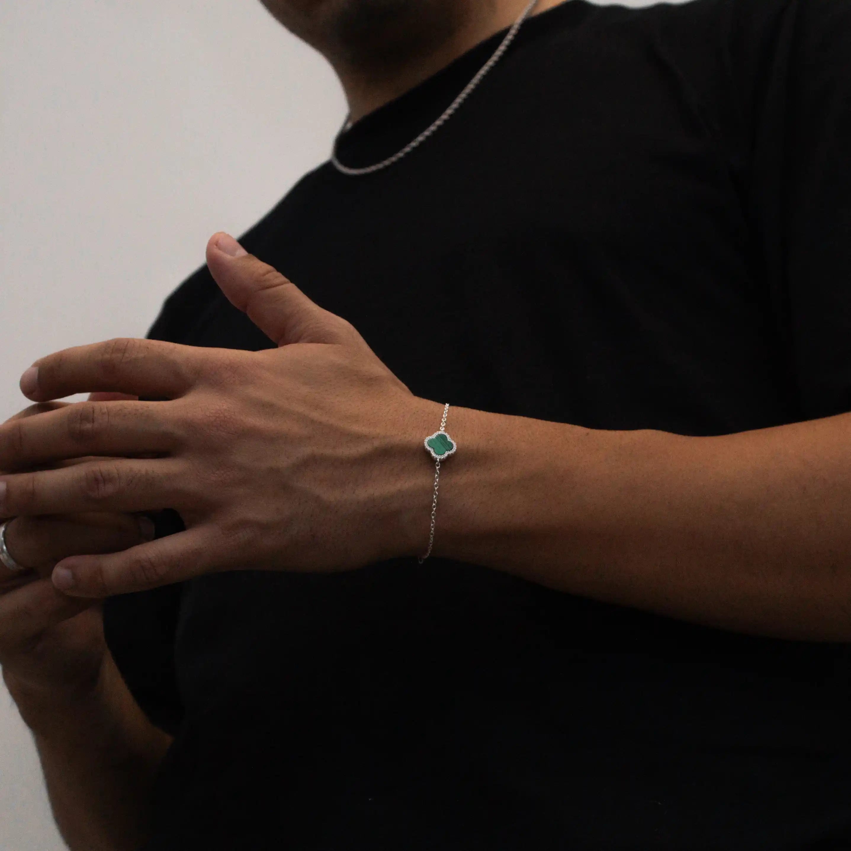 Pulseira Trevo Verde 1 Leaf cravejado em Prata 925